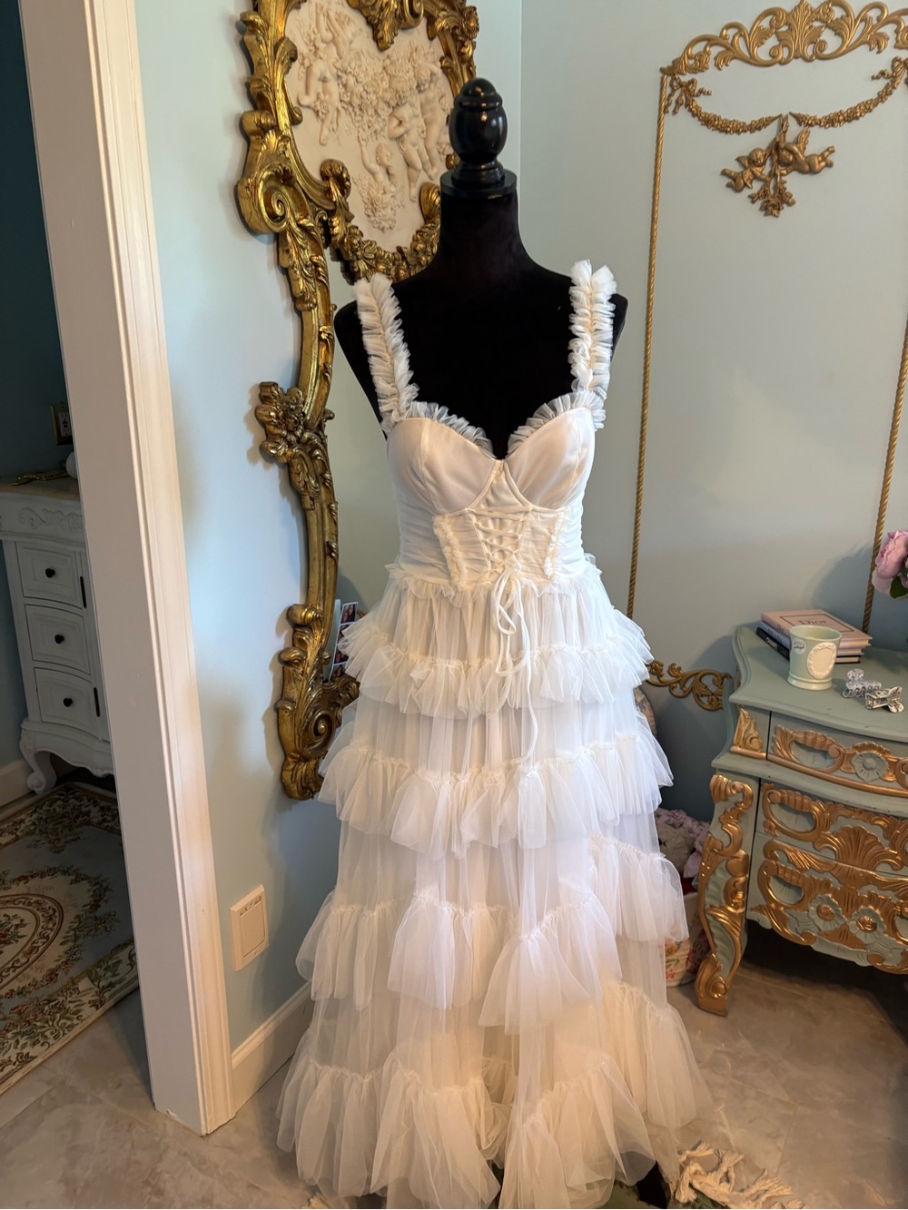 White Tiered Tulle Ruffled Maxi Dress